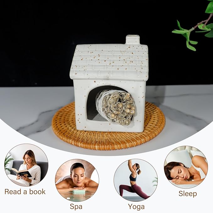 Mougigi White House Palo Santo Burner Holder-Mini Ceramic Chiminea with Stable Base, Perfect for Burning Sage and Incense Cones | Ideal for Zen Altar, Meditation, Yoga, Home Decor & Thoughtful Gifting