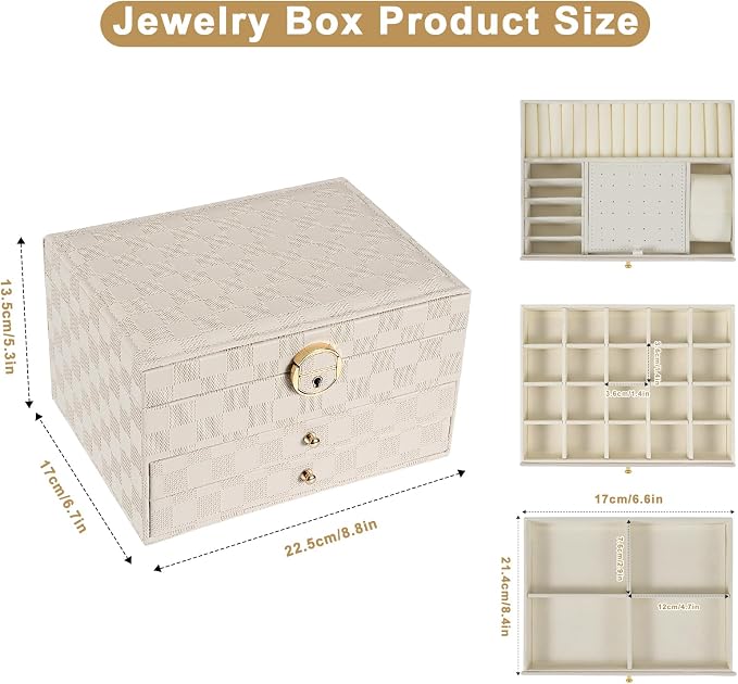 GUOER Jewelry Box for Women Girls, 3 Layers Large Jewelry Organizer(Light Khaki)