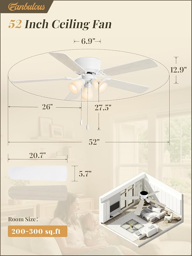 Fanbulous 52" Modern Ceiling Fan with 3 Lights, Remote & Pull Chain Control | DC Quiet Motor, 6-Speed Timer, Shatterproof PP Shades, Low Profile Flush Mount for Bedroom, Living Room, Kitchen, White