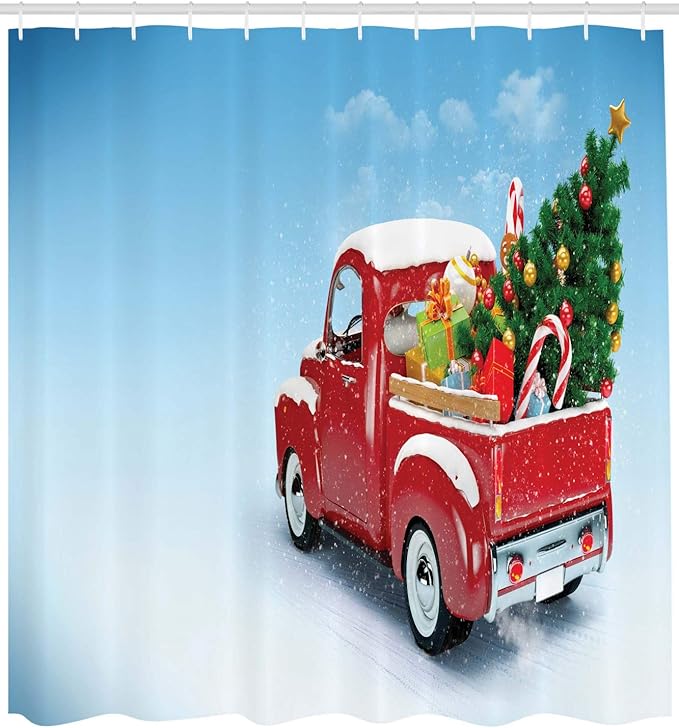 Ambesonne Christmas Shower Curtain, Classical Pickup Truck Tree Gifts and Ornaments Snowy Winter Day Image Print, Cloth Fabric Bathroom Decor Set with Hooks, 69" W x 75" L, Red Blue