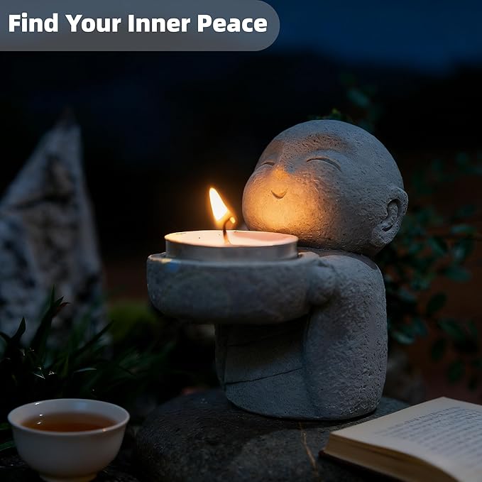 Cute Little Monk Statue Tea Light Holder, Sandstone Zen Buddhist Figurine for Candle Holder, Incense Burner, Meditation Decor, Feng Shui Home Accent, Consecrated with Amulet - 3.9 inch