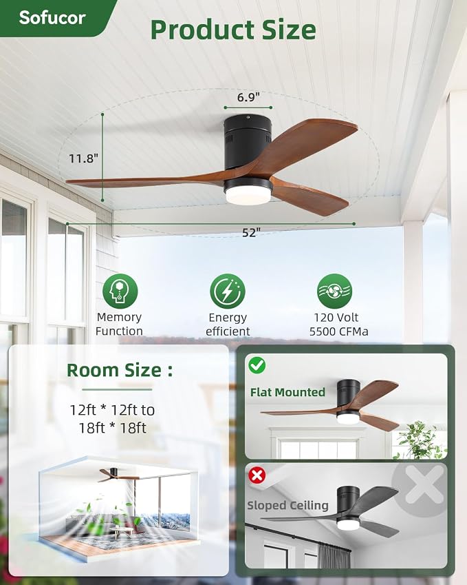 Sofucor 52 Inch Ceiling Fans with Lights and Remote, Low Profile Flush Mount Solid Wood Modern Outdoor Ceiling Fan for Bedroom/Living Room/Patio/Farmhouse, Quiet Reversible DC Motor, Dimmable LED