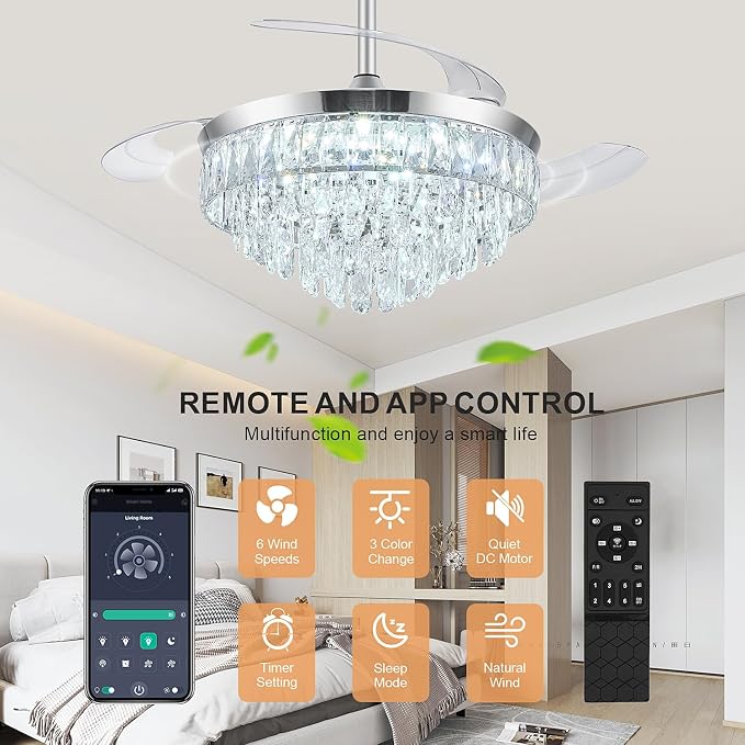 42'' Chandelier Ceiling Fan with Lights, Retractable Fan with Remote and APP, Crystal Fandelier Ceiling Fan, Dimmable LED, Reversible Motor, Quiet for Bedroom Living Room-Chrome