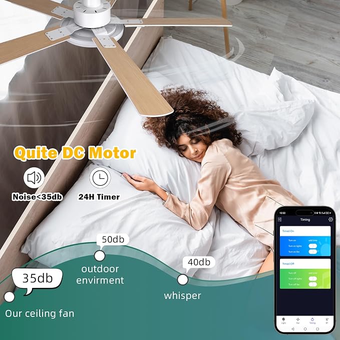BAYSQUIRREL Smart 52" Ceiling Fans with Lights,Bluetooth Ceiling Fan with Speaker,6-Speeds DC Reversible Noiseless Motor,Full-Spectrum Eye-Care Flush Mount Ceiling Fan with Light