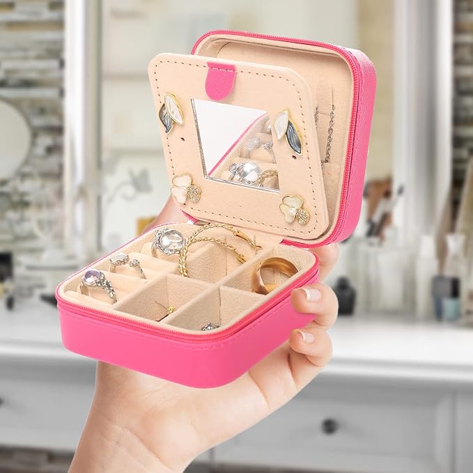 KElofoN Travel jewelry case Travel jewelry box Travel Jewelry Organizer Small Jewelry Organizer Box Gift for Girls Women with Mirror(Rosy)