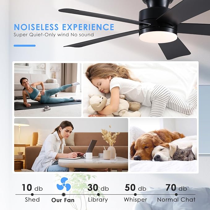 Asyko 46" Black Modern Low Profile Ceiling Fan with LED Light and Remote | Super Large Airflow with 6 Wind Speeds, Reversible, Dimmable 3 CCT LED Light, Noiseless 30W DC Motor,for Bedroom Kitchen