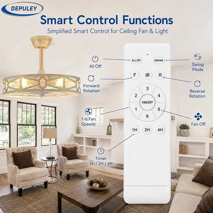 Depuley Caged Ceiling Fans with Light: 20-Inch Cement Enclosed Farmhouse Fandelier for Kitchen Bedroom - Industrial Semi Flush Mount Ceiling Fan with Remote 6 Speeds Reversible Motor Timer