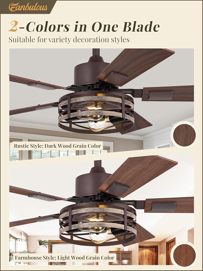 Fanbulous Farmhouse Ceiling Fans with Light, 42 Inch Bedroom Ceiling Fan with Lights, 6-Speed Adjustable, Quiet and Reversible DC Motor, 5 Dual Finish Blades, Rustic Caged Ceiling Fan，Oil Bronze