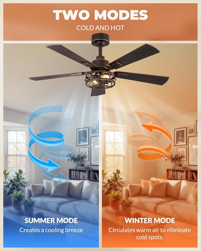Farmhouse Ceiling Fans with Lights, 42 Inch Bedroom Ceiling Fan with Remote Control, Quiet and Reversible DC Motor, 6-Speed 5 Blades Caged Ceiling Fan for Bedroom, Living Room, Black and Gold Color