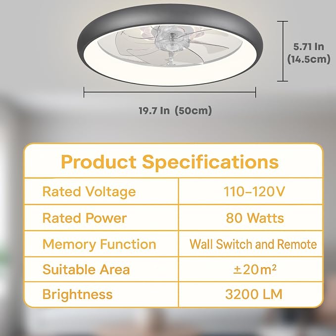 Fszdorj 20'' Ceiling Fan with Light, Upgraded Low Profile Ceiling Fan with Light, Dimmable Flush Mount Ceiling Fan with Light, Fan light, 6 Speeds, App & Remote Control, Quiet Fan for Bedroom, Kitchen