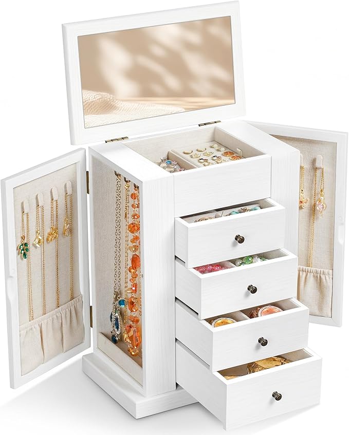 Emfogo Jewelry Box for Women, 5 Layer Large Wood Jewelry Boxes & Organizers for Necklaces Earrings Rings Bracelets, Rustic Jewelry Organizer Box with Rattan, Drawers and Mirror(Vintage White)