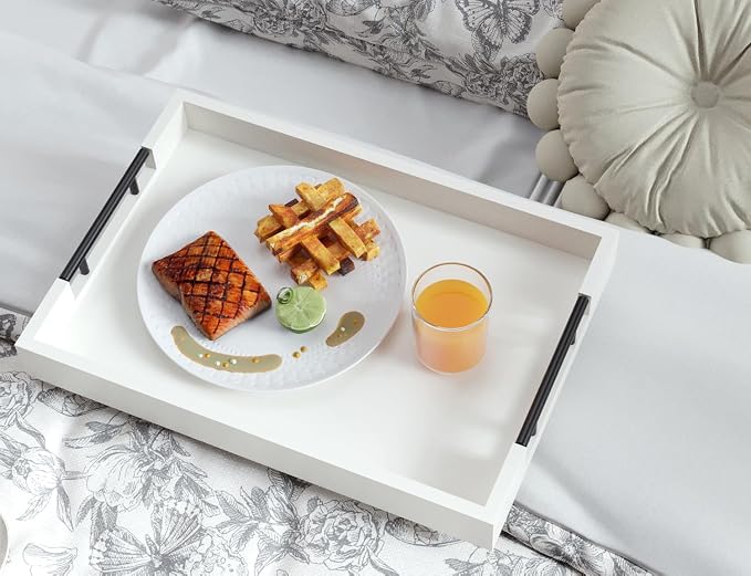 Fibogollo Bamboo Set of 2 Serving Tray with Metal Handles,Ottoman Decorative Trays Platter for Coffee Table,Living Room,Bar,Party(White)