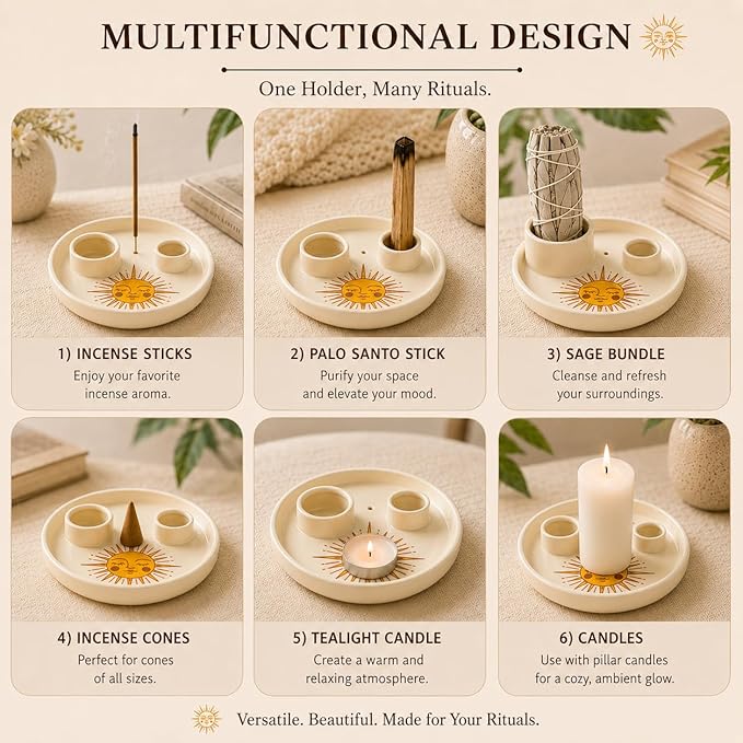 Incense & Palo Santo Holder – 6.5'' Ceramic Sage Burner for Sticks, Bundles, Cones, Candle & Tealight with Ash Catcher – Jewelry Tray, Smudge Pot, Home Décor, Meditation Gift (Golden Sun)