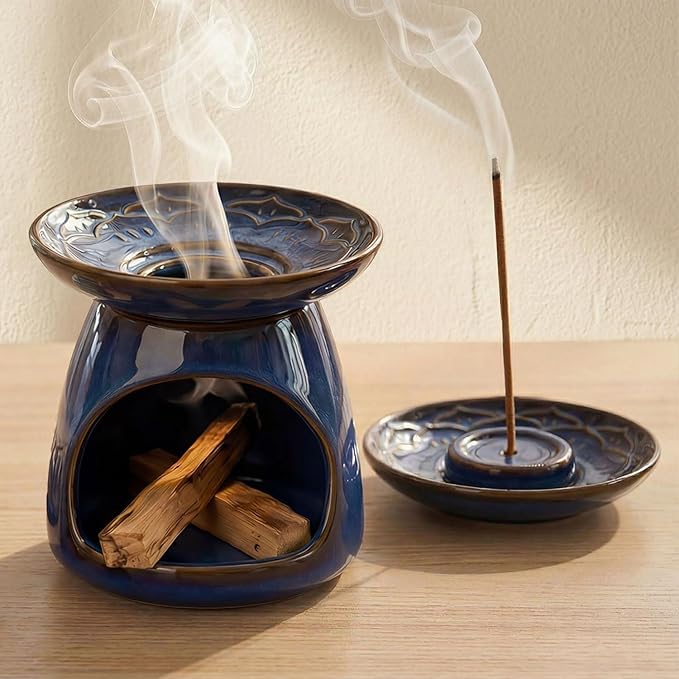 Palo Santo Holder Incense Burner for Sage, Ceramic Incense Holder for Sticks & Cones, 3-in-1 Chimney Burner with Detachable Lotus Stick Tray, Meditation Home Decor Gift