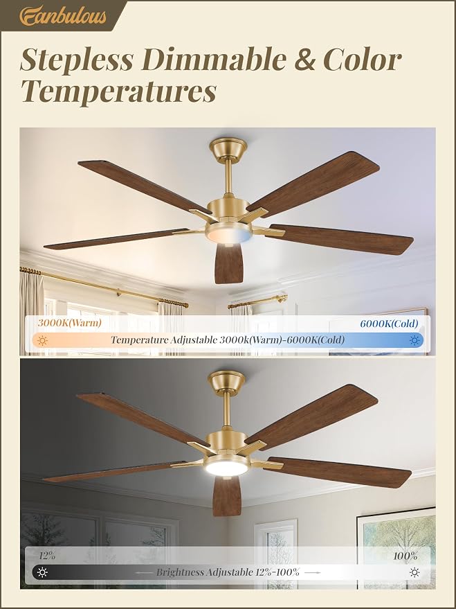 Fanbulous 60 Inch Black and Gold Ceiling Fans with Lights and Remote, Stepless Color Temperature Change & Dimmable 20W LED Ceiling Fan, 6 Speeds Reversible Quiet DC Motor for Bedroom, Living Room