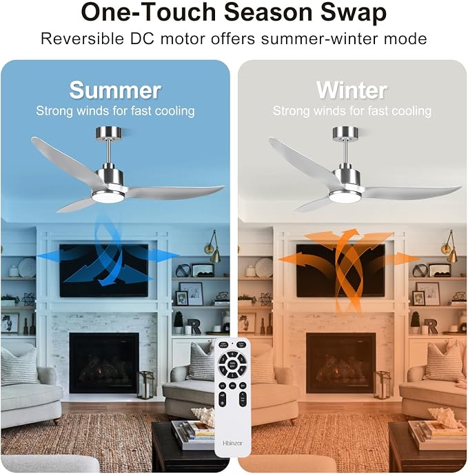 52 Inch Silver Ceiling Fan with Lights and Remote High CFM 3 Blades | Quiet DC Motor, Sleek, Reversible Motor, Timer, 6 Speeds, for Indoor Outdoor Bedroom Living Room Kitchen