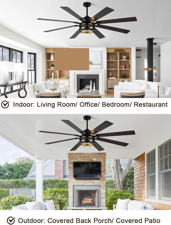 72" Farmhouse Ceiling Fan with Lights Remote Rustic Ceiling Fan | Black Caged Fandelier Large Industrial Chandelier for Living Room Indoor Covered Outdoor, Reversible Quiet DC Motor 6 Speeds