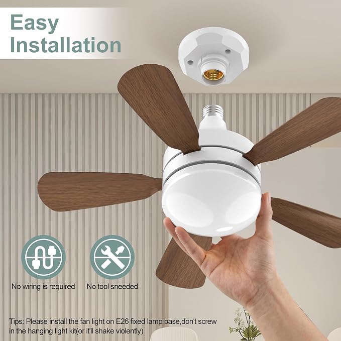 17.7" Socket Fan Light, E26/E27 Light Bulb Fan with Reversible Motor, 3000 Lumens Small Ceiling Fans with Lights and Remote, Dimmable 3000K-6500K for Bedroom Kitchen Living Room Garage