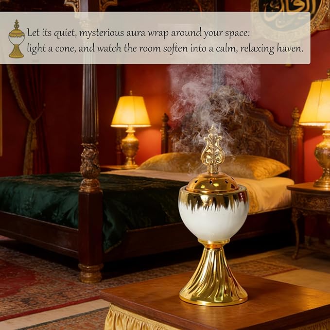Ceramic Bakhoor Incense Burner - Tranditional Golden Bakhoor Burner - for Yoga, Spa, Aromatherapy, Office & Home Decor