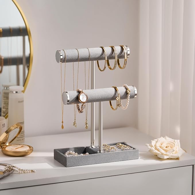 bussdis 2 Tier Bracelet Holder Display, Necklace Holder Organizer, Grey | Velvet Necklace Holder | Jewelry Tree | Jewelry Towers | Jewelry Stand Organizer for Necklaces, Bracelets, Earrings, Rings
