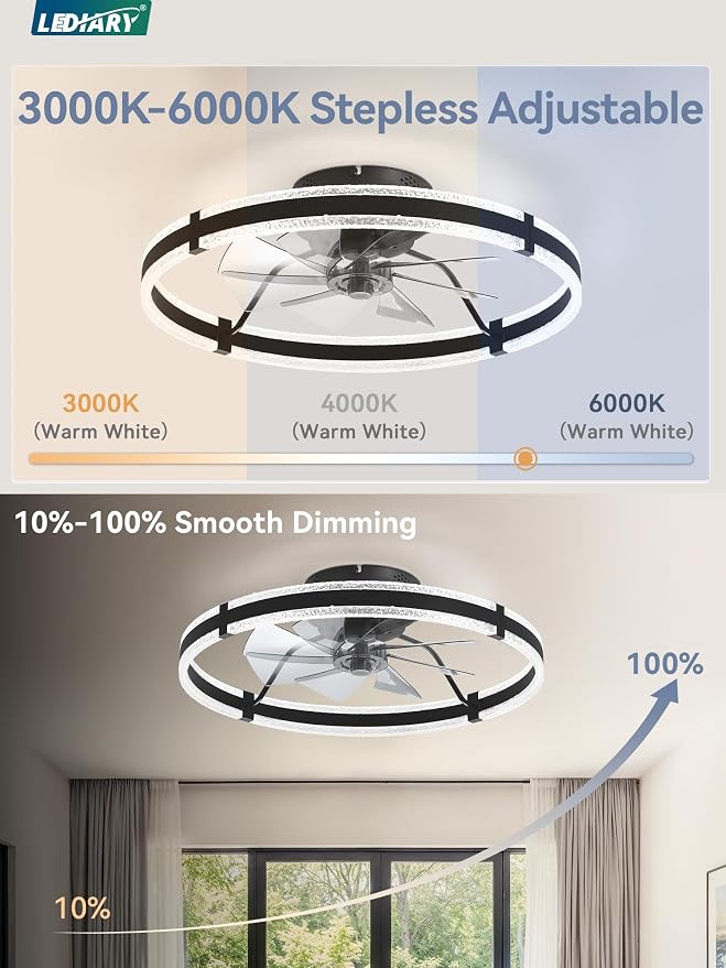 LEDIARY Ceiling Fans with Lights and Remote, 24'' Low Profile Ceiling Fan with Light, 3000-6000K Dimmable Fandelier Ceiling Fans, Modern Flush Mount Fan Light for Bedroom with 6 Wind Speeds- Black