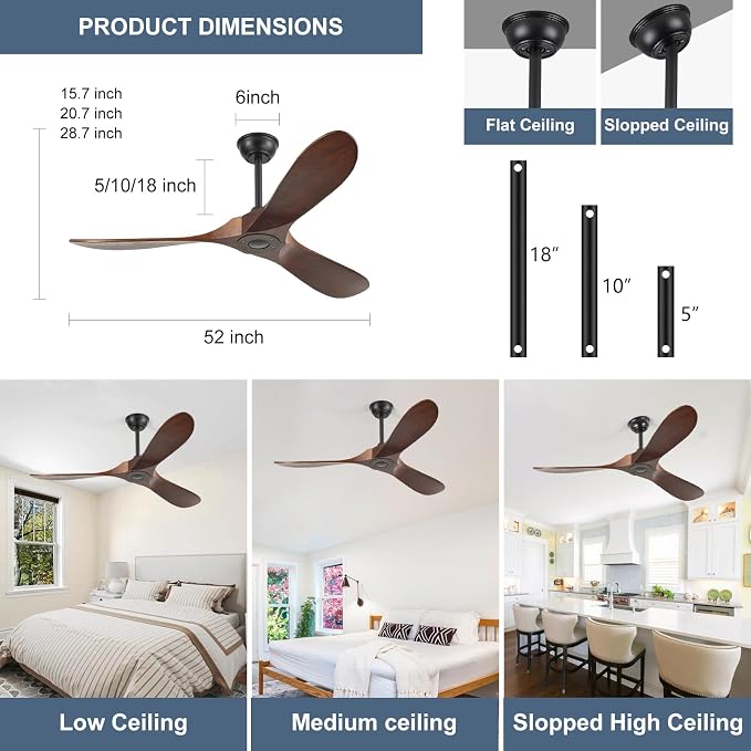 52'' Solid Real Wood Ceiling Fan no Light,DC Motor 6 Speeds Adjustable with Large Airflow,Outdoor Ceiling Fan Dark Walnut Finished for Garage,Gazebo,Living Room,Bedroom