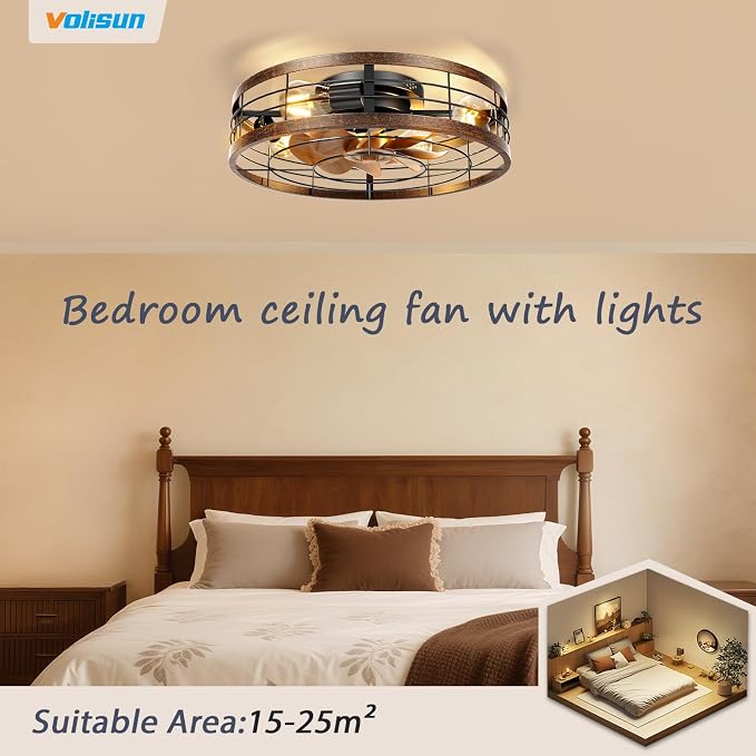 VOLISUN Farmhouse Caged Ceiling Fans with Lights Flush Mount, 19.7'' Rustic Low Profile Ceiling Fan with Light and Remote, Bladeless Fandelier Ceiling Fans with Lights for Kitchen, Bedroom-Gold