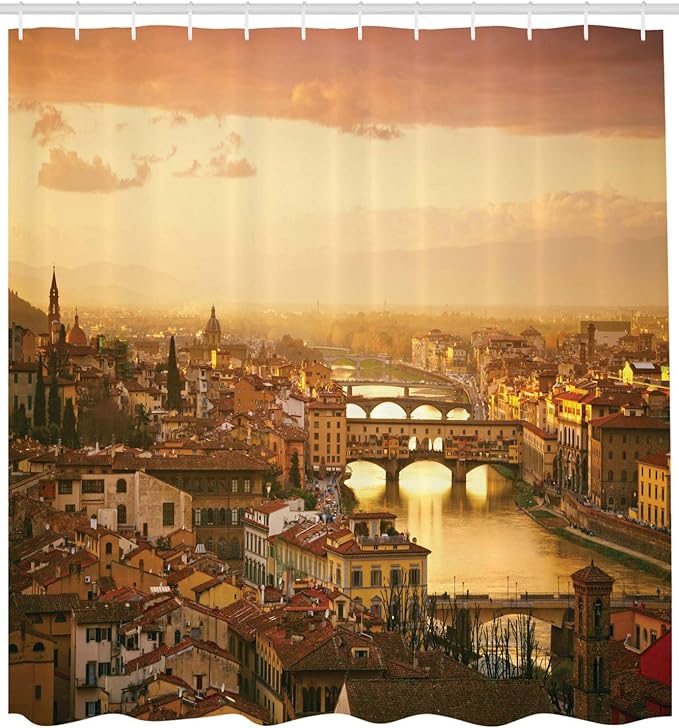 Ambesonne Scenery Shower Curtain, Bridge Ponte Vecchio Italy Bird Eye Sunset View Castle Houses Historic Cityscape, Cloth Fabric Bathroom Decor Set with Hooks, 69" W x 70" L, Sand Brown