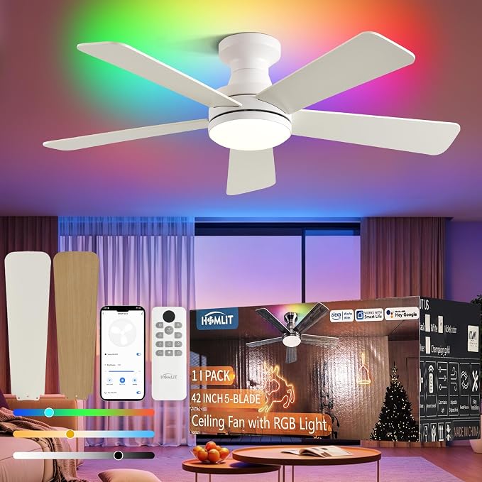 42 inch RGB Ceiling Fan with Light, Voice & App & Remote Control Low Profile Flush Mount Ceiling Fan,6 Speeds Silent Motor, 4-Color Temperature Dimmable for Home Office Party, White
