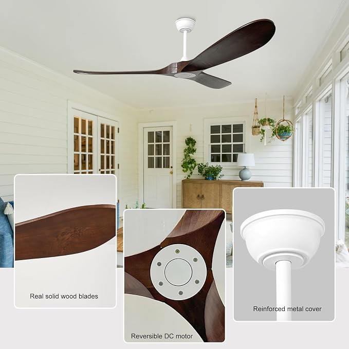 60 inch Ceiling Fan without Light,3 Solid Wood Blades Dark Walnut Finished,Outdoor Ceiling Fan for Living Room,Patio,Porch(White+Dark Walnut)