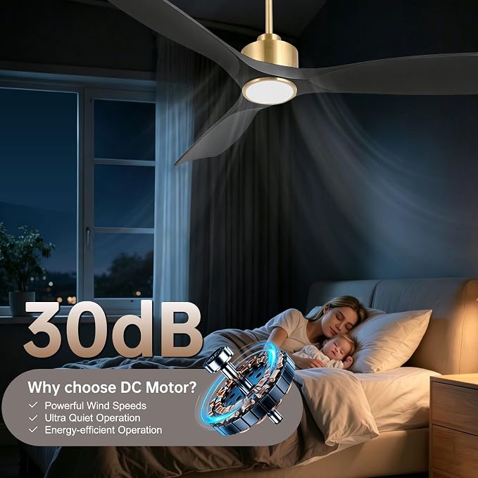 Ovlaim 52 Inch Modern Smart Ceiling Fan with Lights and Remote High CFM | 3 Blade Black Gold Ceiling Fan,ETL Listed Quiet Reversible DC Motor,Dimmable Light & Memory Function,For Bedroom Living Room
