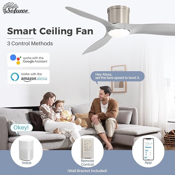 Sofucor 52 Inch Smart Ceiling Fan with Lights, Modern Low Profile Flush Mount Ceiling Fan with 6500CFM, Compatible with Alexa/Google/App, 3 Plastic Blade, Dimmable Timer Reversible DC Motor, ETL, ABS