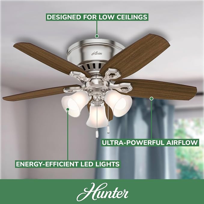 Hunter Builder, Indoor, Ceiling Fan, Pull Chain, 42 inch, Brushed Nickel