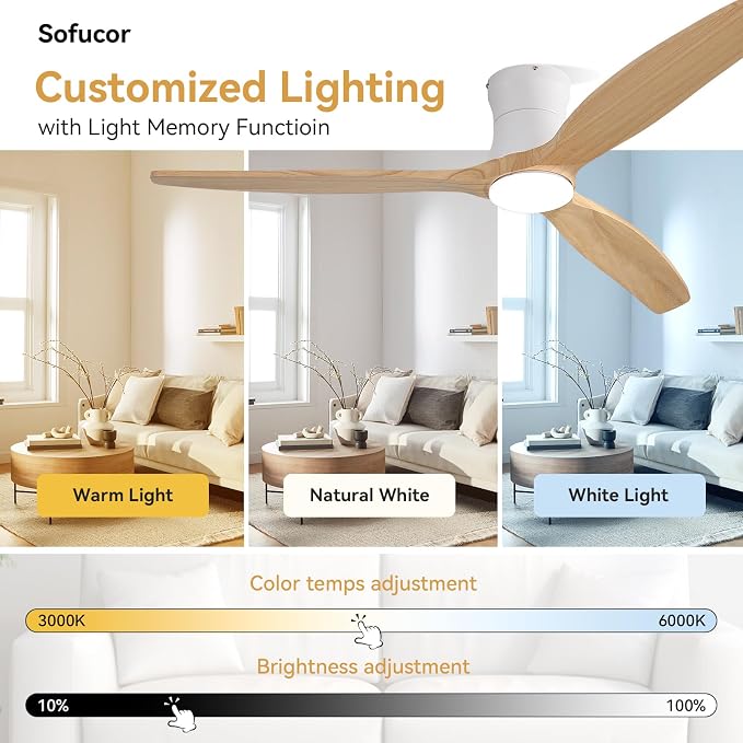 Sofucor 52" Smart Ceiling Fan, Solid Wood Ceiling Fan with Lights and Remote, Flush Mount Ceiling Fan Works with Alexa/Google/App, Dimmable 6-Speed Timing Reversible DC Motor for Bedroom Living Room