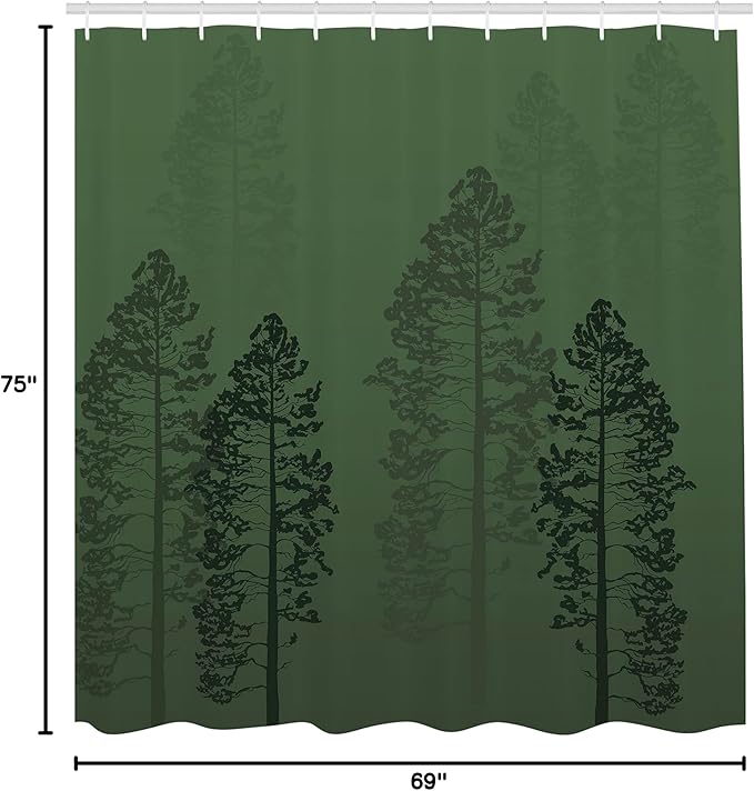 Ambesonne Country Shower Curtain, Pine Trees in The Forest on Foggy Seem Ombre Backdrop Wildlife Adventure Artwork, Cloth Fabric Bathroom Decor Set with Hooks, 69" W x 75" L, Forest Green