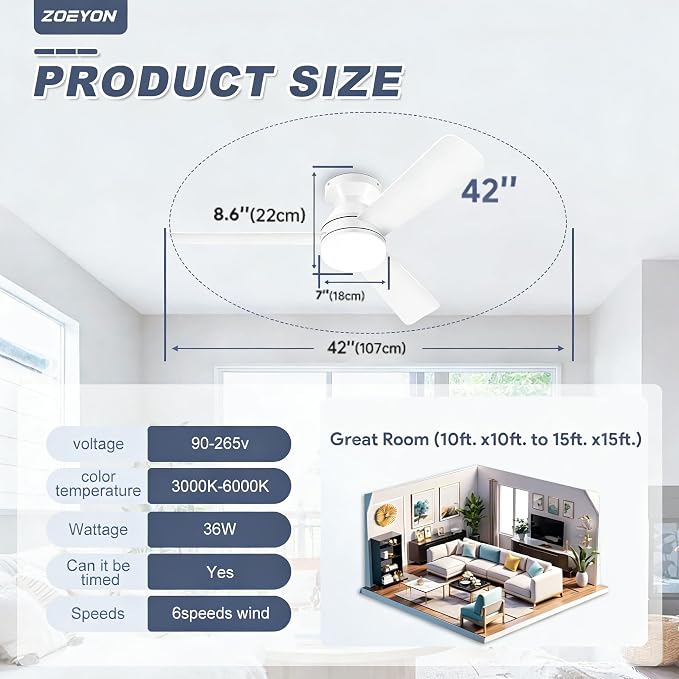 Ceiling Fans with Lights - 42 Inch Low Profile Ceiling Fan with Light and Remote Control, Reversible, 3CCT Dimmable, Noiseless, White Small Flush Mount Ceiling Fan for Bedroom Indoor/Outdoor