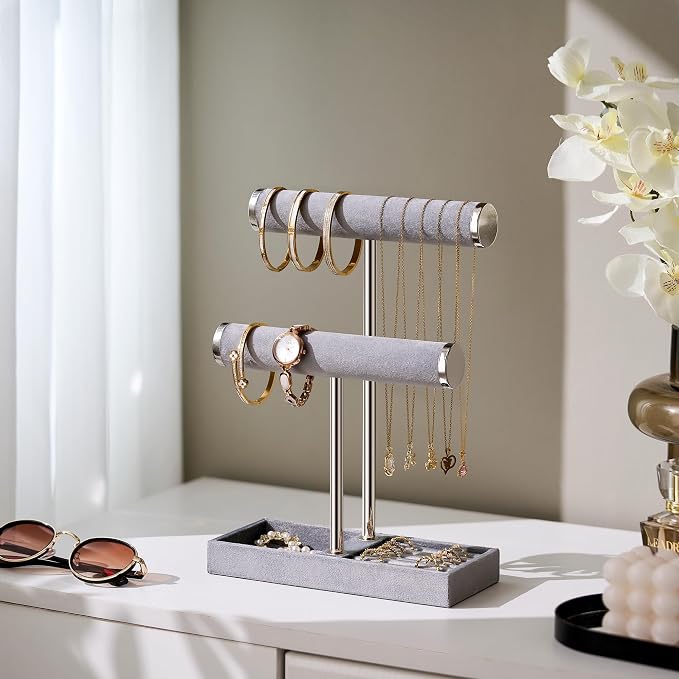 bussdis 2 Tier Bracelet Holder Display, Necklace Holder Organizer, Grey | Velvet Necklace Holder | Jewelry Tree | Jewelry Towers | Jewelry Stand Organizer for Necklaces, Bracelets, Earrings, Rings