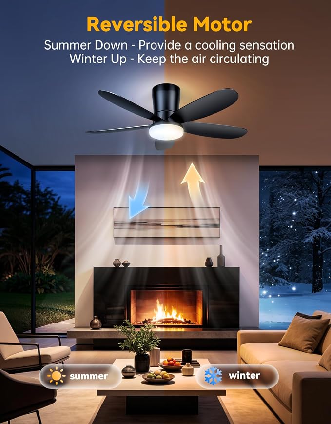 Ceiling Fans with Lights, Low Profile 42-Inch Modern Small Ceiling Fan for Bedroom Indoor Outdoor - Dimmable Fans with Timer Remote Control Flush Mount Reversible 5 Blades 6 Speeds, Black