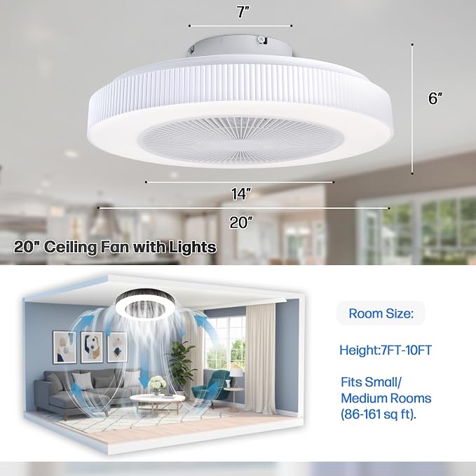 20" Bladeless Ceiling Fans with Light Remote Control,LED Smart Flush Mount Ceiling Fan With light for Bedroom, Kids Room, Reversible Motor, 6 Wind Speed, 3000LM, 57W-White/Black (White)