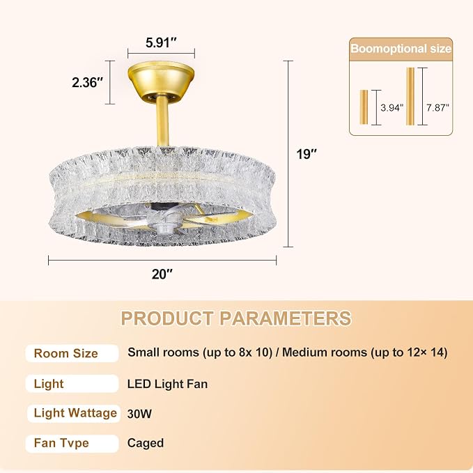 Depuley Crystal Ceiling Fans with Lights: 20" Gold Cagd Fan with Remote Control - Fandelier Fan Light for Girl's Bedroom Living Room Nursery