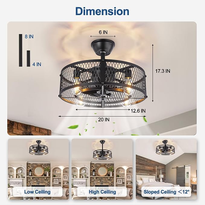 DLLT Caged Ceiling Fan with Light: 20" Farmhouse Fandelier with Lights and Remote Control - Black Rustic Semi Flush Mount Bladeless Ceiling Fans Enclosed Fan for Bedroon Kitchen Living Dining Room