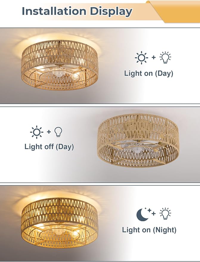Boho Caged Ceiling Fans with Lights Flush Mount, Hand-Woven Rattan Ceiling Fans with Light and Remote Control, Enclosed Timing 6 Speeds Reversible for Living Room Bedroom Dining Room