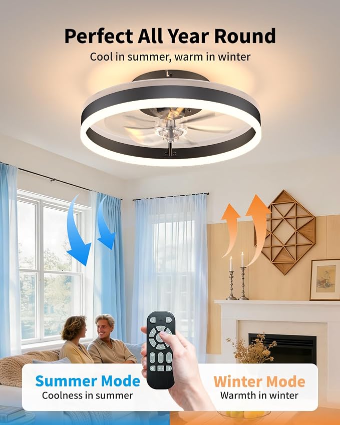 RGB Ceiling Fan with Lights, Low Profile Ceiling Fans with Lights and Remote, Flush Mount LED Fan Light, Modern Bladeless Fandelier for Bedroom Works with APP, 16IN Black