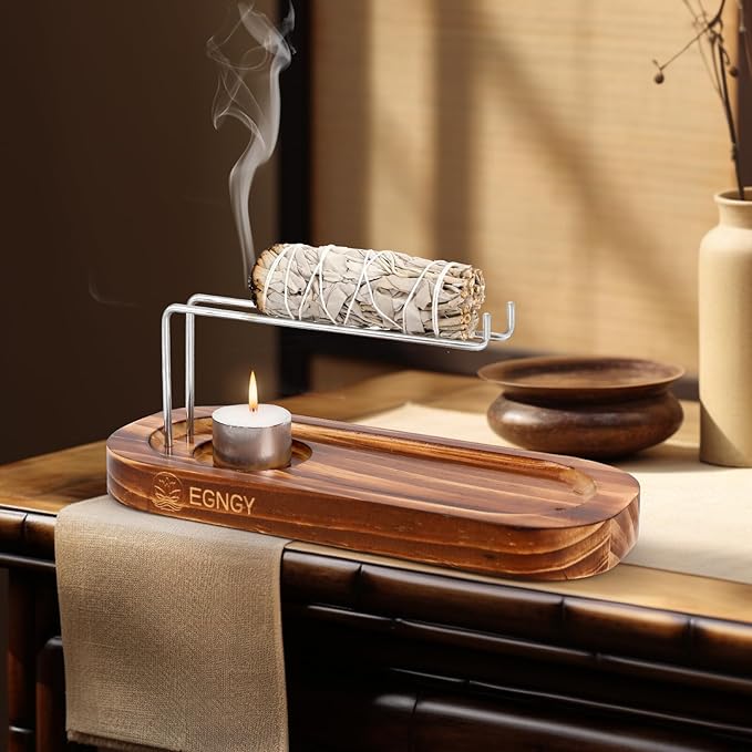 Handcrafted Palo Santo and Sage Holder, 4 in 1 Incense Sticks and Candle Holder for Burning Sage, Natural Wood Burner Holder, Ideal Spiritual Meditation Gift