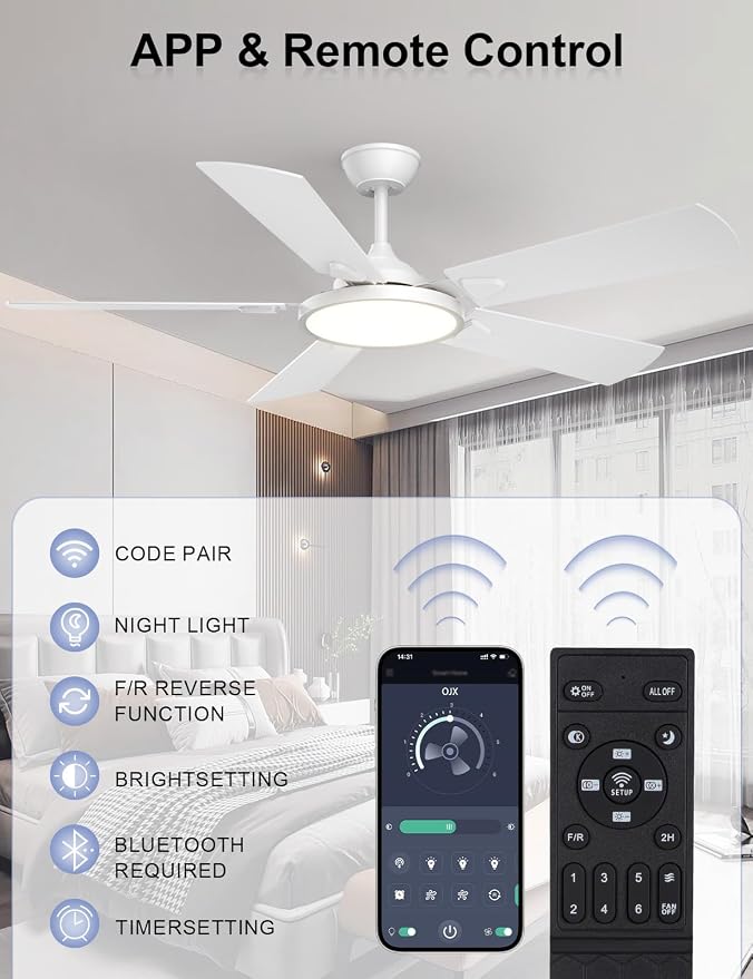 OJX Ceiling Fans with Lights, 52 inch Ceiling fan with Light and Remote/APP Control, 3CCT, Quiet DC Reversible, Dimmable, Modern Black Ceiling Fa for Bedroom, Living Room, Kitchen, Indoor/Outdoor Use
