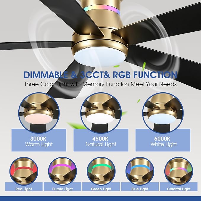 Surtime 46" Ceiling Fans with RGB Lights - Flush Mount Ceiling Fan Light with LED 3CCT Dimmable, Modern Low Profile Gold Ceiling Fan with Reversible Black Blades