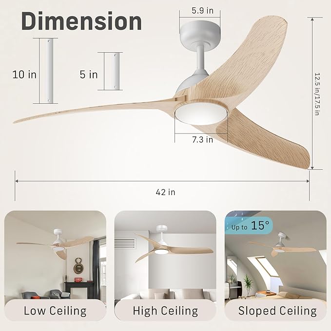 Ceiling Fans with Lights, 42 inch Low Profile Ceiling Fan with Light and Remote Control, Flush Mount, 3CCT, Dimmable, Quiet Reversible Motor, Modern Ceiling Fan for Bedroom Indoor/Outdoor Use