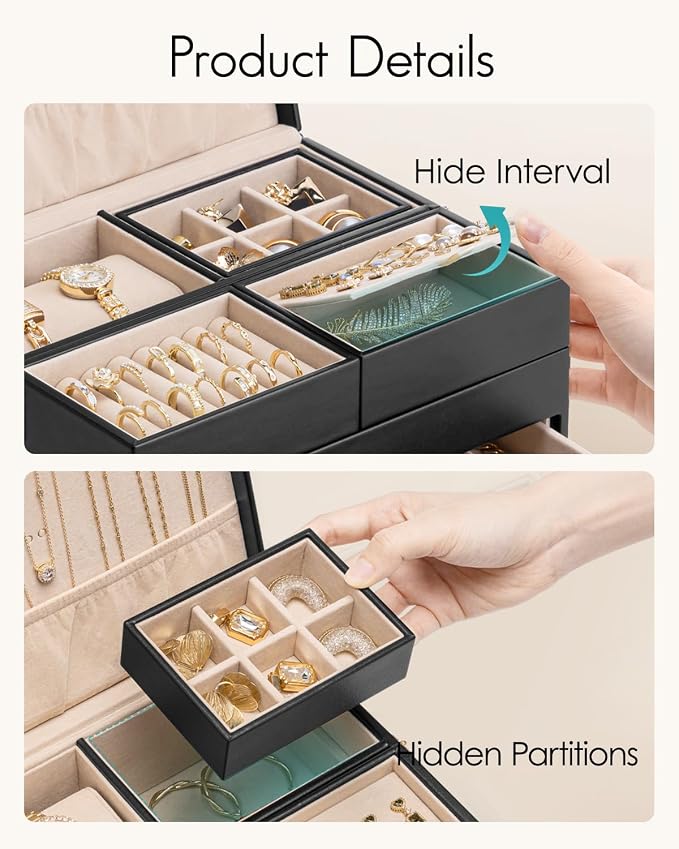 VLANDO 4 Layers Jewelry Box - Women Jewelry Box with Retractable Tray - Jewelry Organizer with Drawer for Necklaces, Rings, Bracelets, Earrings, Gift for Couples Mom Girls - Black
