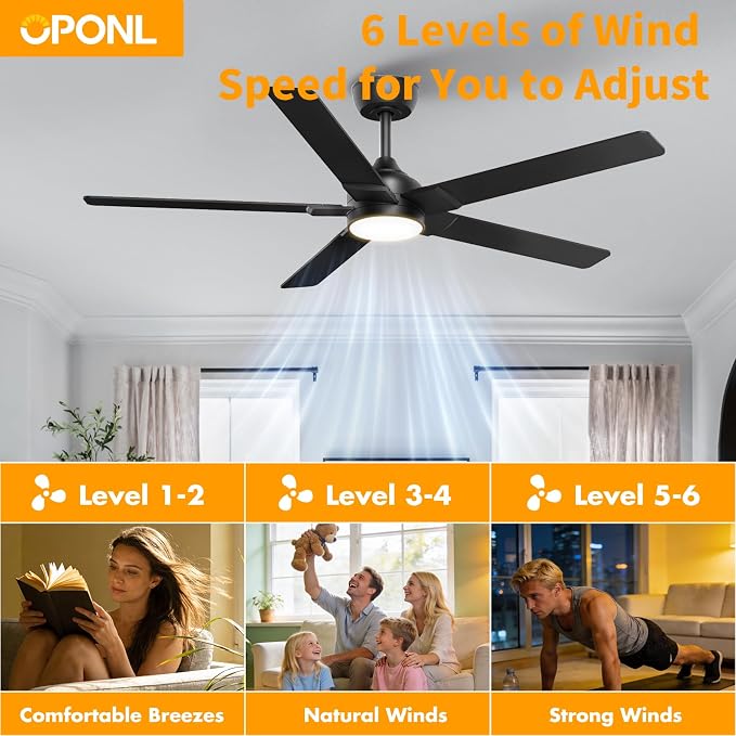 OPONL Ceiling Fan with Light, Ceiling fan with Light and Remote Control, Reversible, 6CCT, Dimmable, Noiseless, Ceiling Fan for Bedroom, Indoor/Outdoor Use, Black, 52 inch, Modern