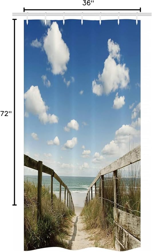 Ambesonne Beach Stall Shower Curtain, Sandy Path Leads to Ocean Pacific Puffy Clouds Vacation Serene Relaxing Beach, Fabric Bathroom Decor Set with Hooks, 36" W x 72" L, White Cream